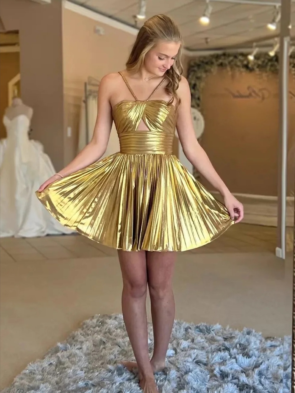 Shimmery Gold Pleated Mini Dress with Cutout Bodice NWOT